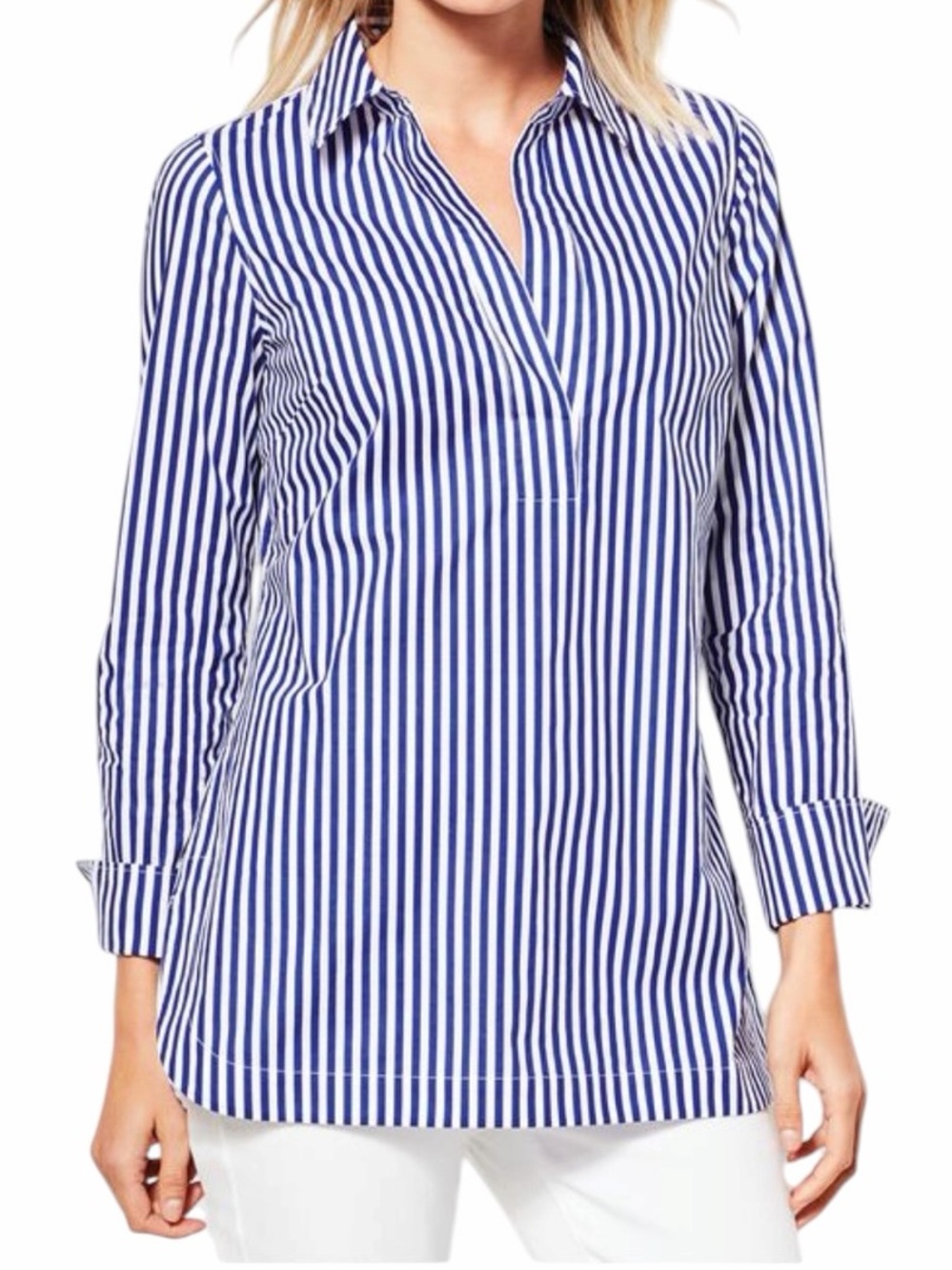Talbots Blue and White Vertical Stripe Cotton Poplin Popover Tunic Blouse 1XP